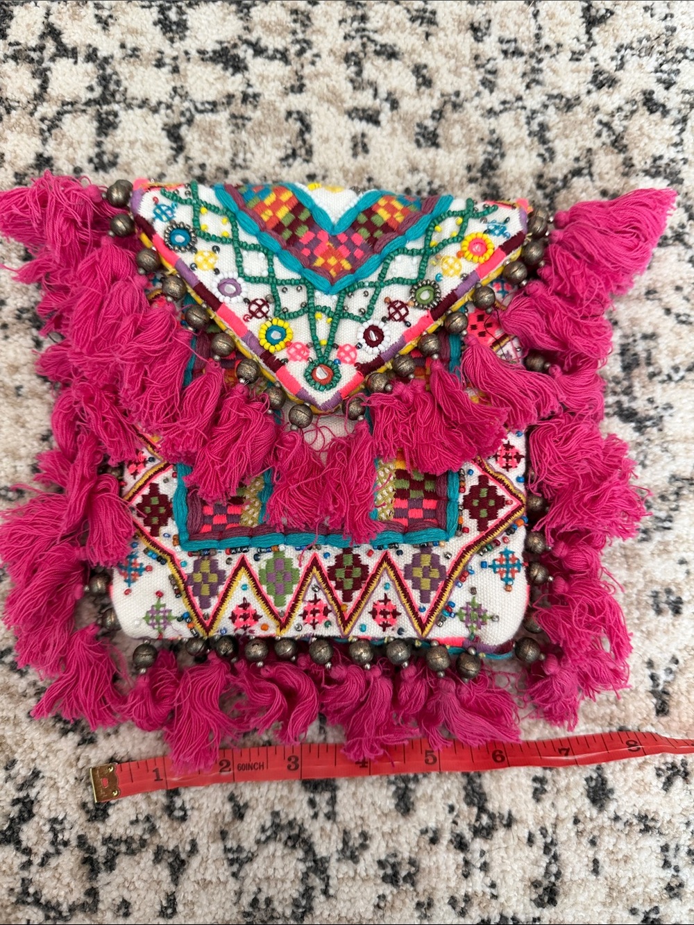Boho Embroidered Tassel Clutch - Hot Pink Fringe